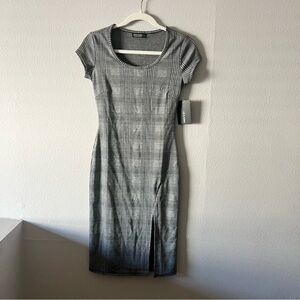 Elegant Black and Gray Plaid Midi Dress